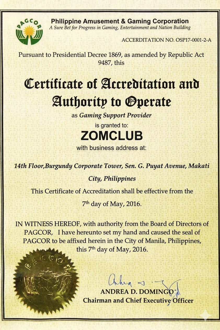 Giấy phép Zomclub do tổ chức Pagcor phát hành và quản lý