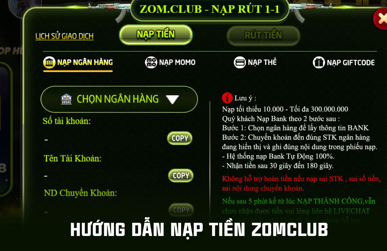 Nạp tiền Zomclub qua ngân hàng